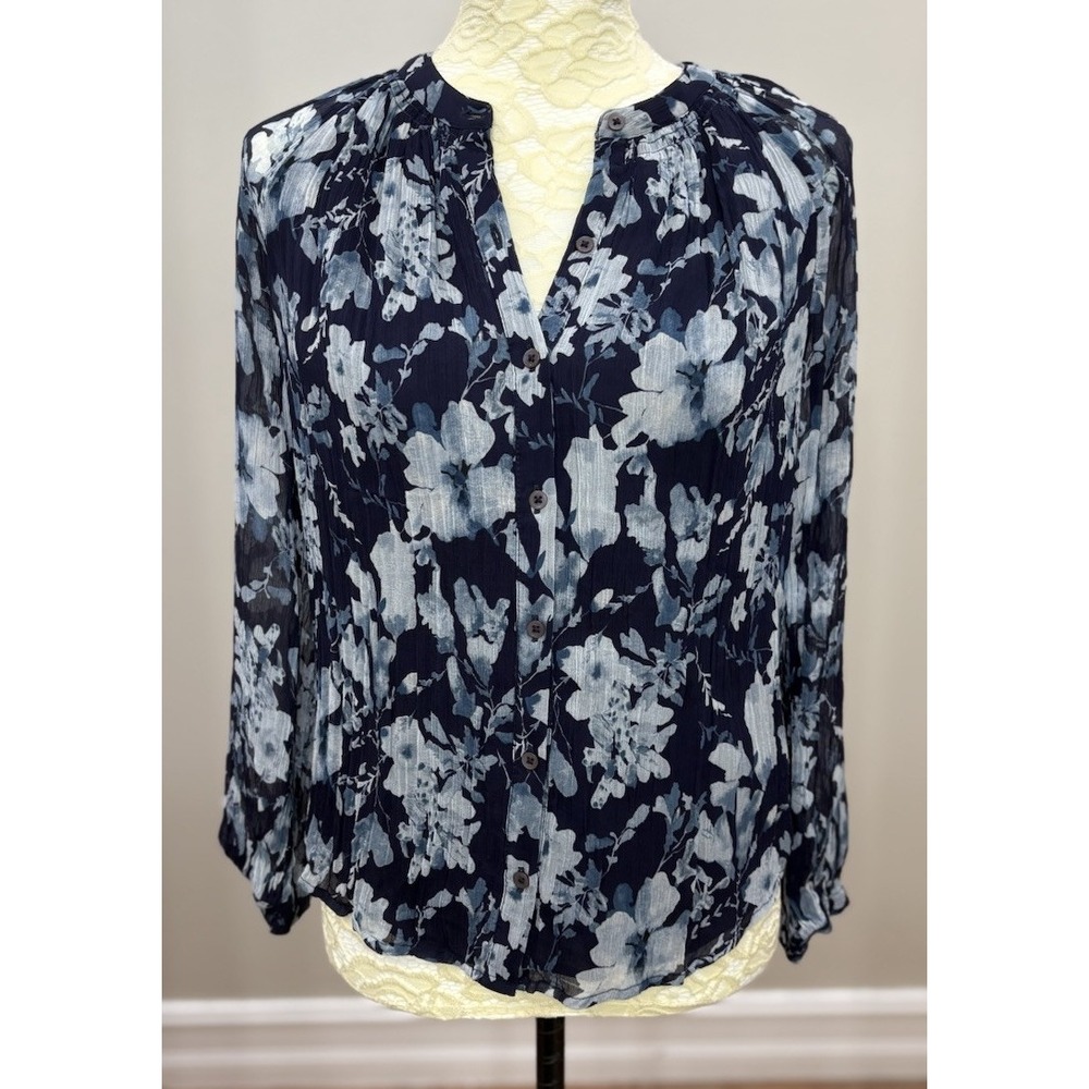 Rails Nessie Womens XS Blue Floral Chiffon Button Up Blouse Long Sleeve Boho